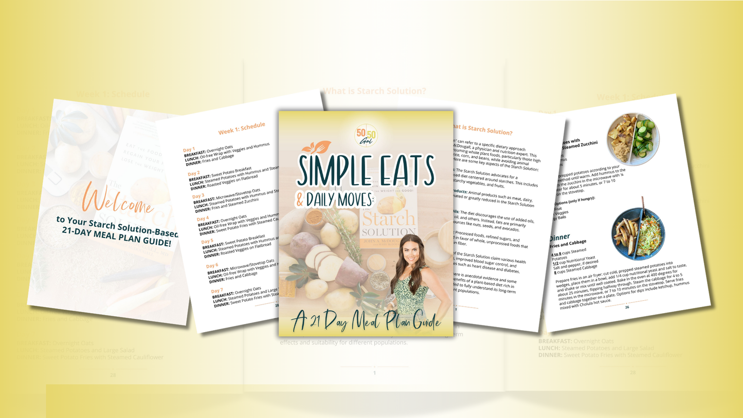Starch Solution 21-Day Meal Plan 5050 Gal 50 50 plate 50/50 bowl starch solution McDougall Program 5050 diet wfpb vegan plant based  fullandfulfilled